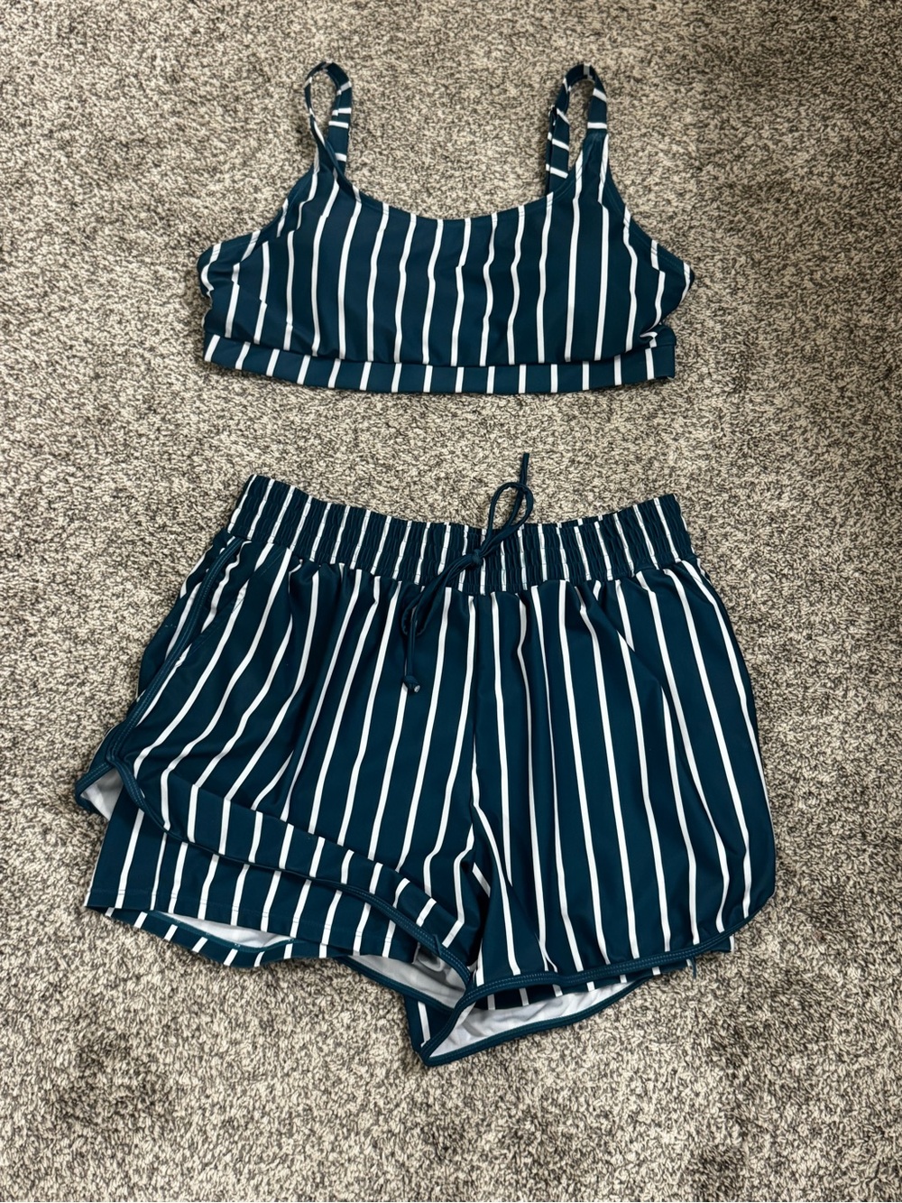 Striped Green and White Bikini Top with Matching Lined Swim Shorts